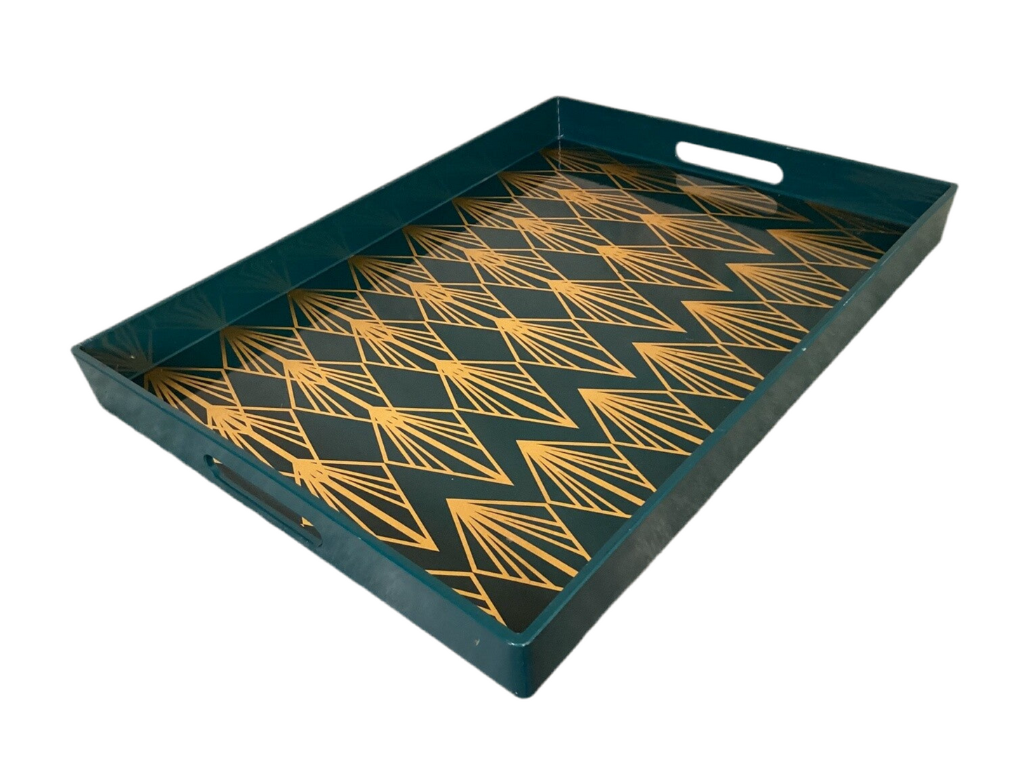 Decorative Contemporary Teal Gold Tray (19”x14”)