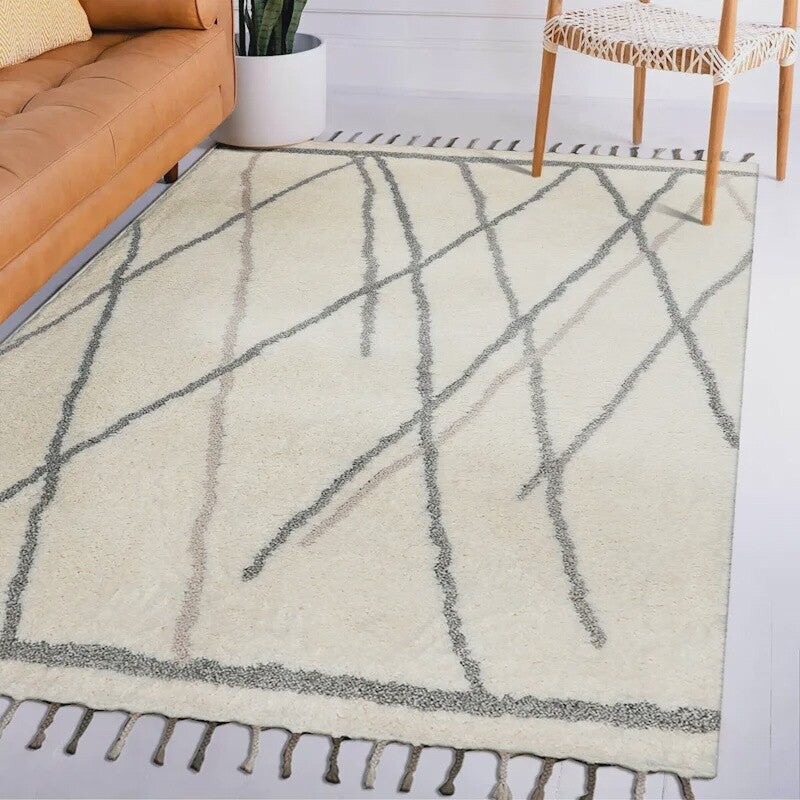 Theo Neutral Shag Area Rug with Tassels (8x10)-OPEN BOX