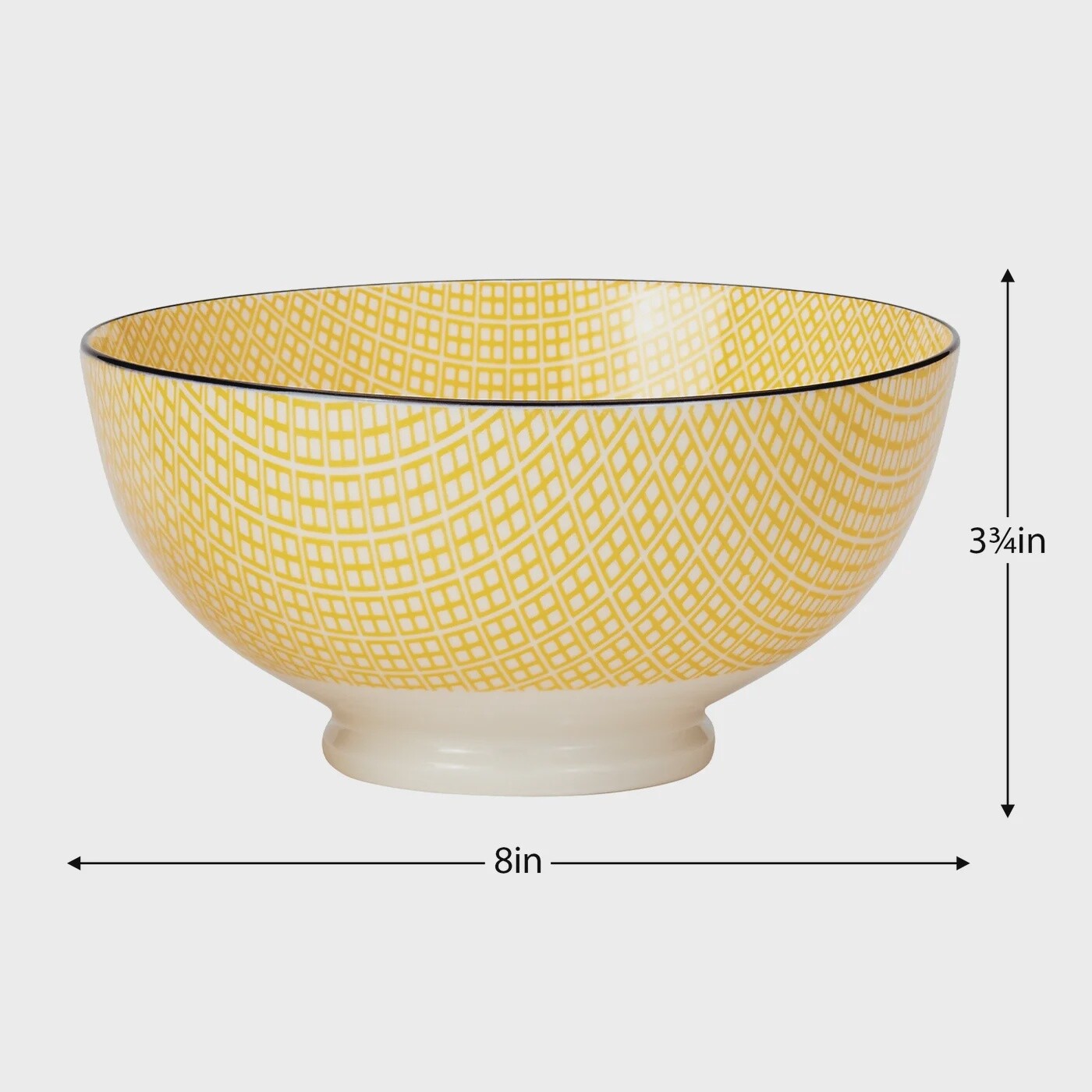 A yellow porcelain bowl with black trim and dimensions
