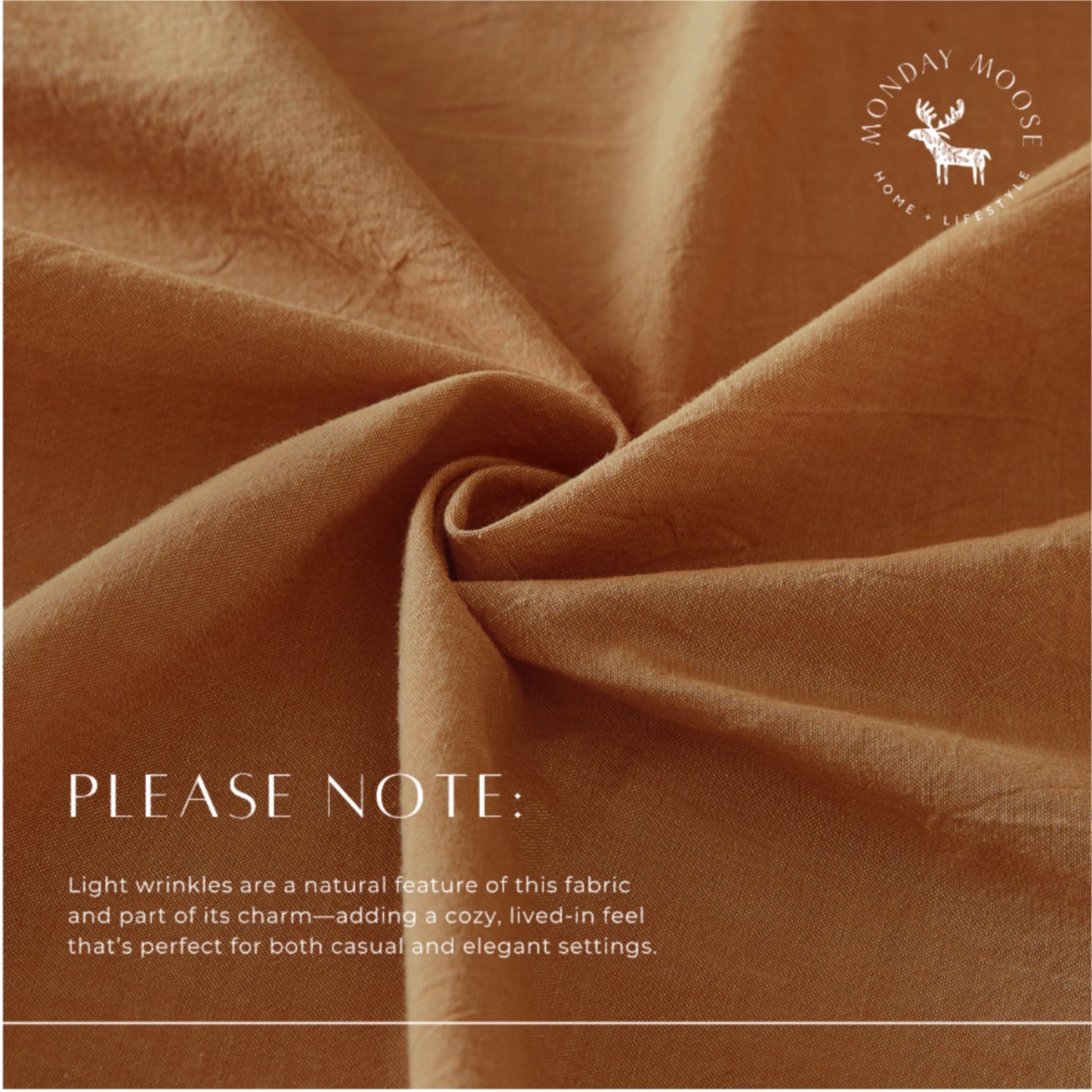 Brown fabric with a 'Monday Moose' logo and text about fabric texture.