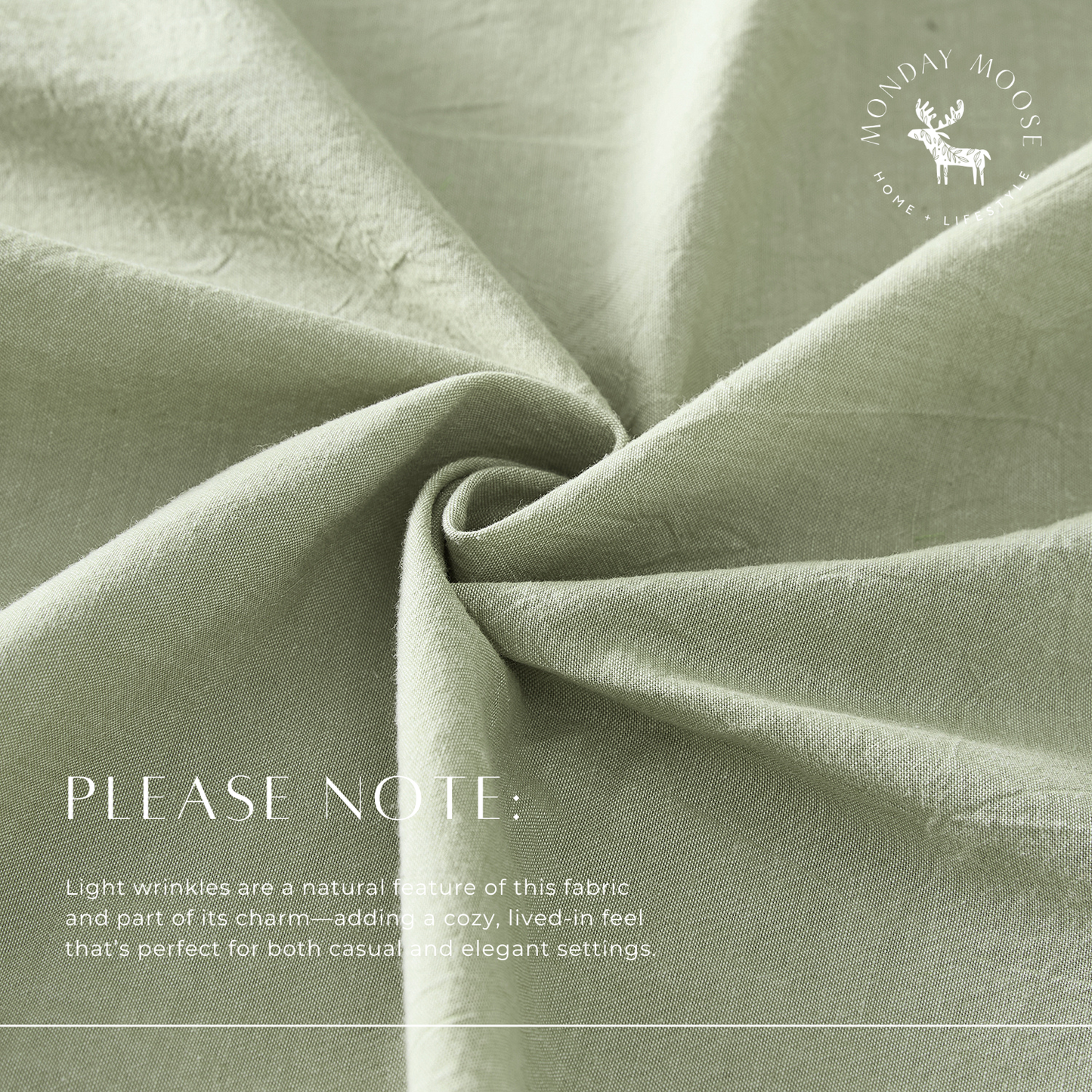 Close-up of green fabric with a 'Monday Moose' logo and text about fabric texture.
