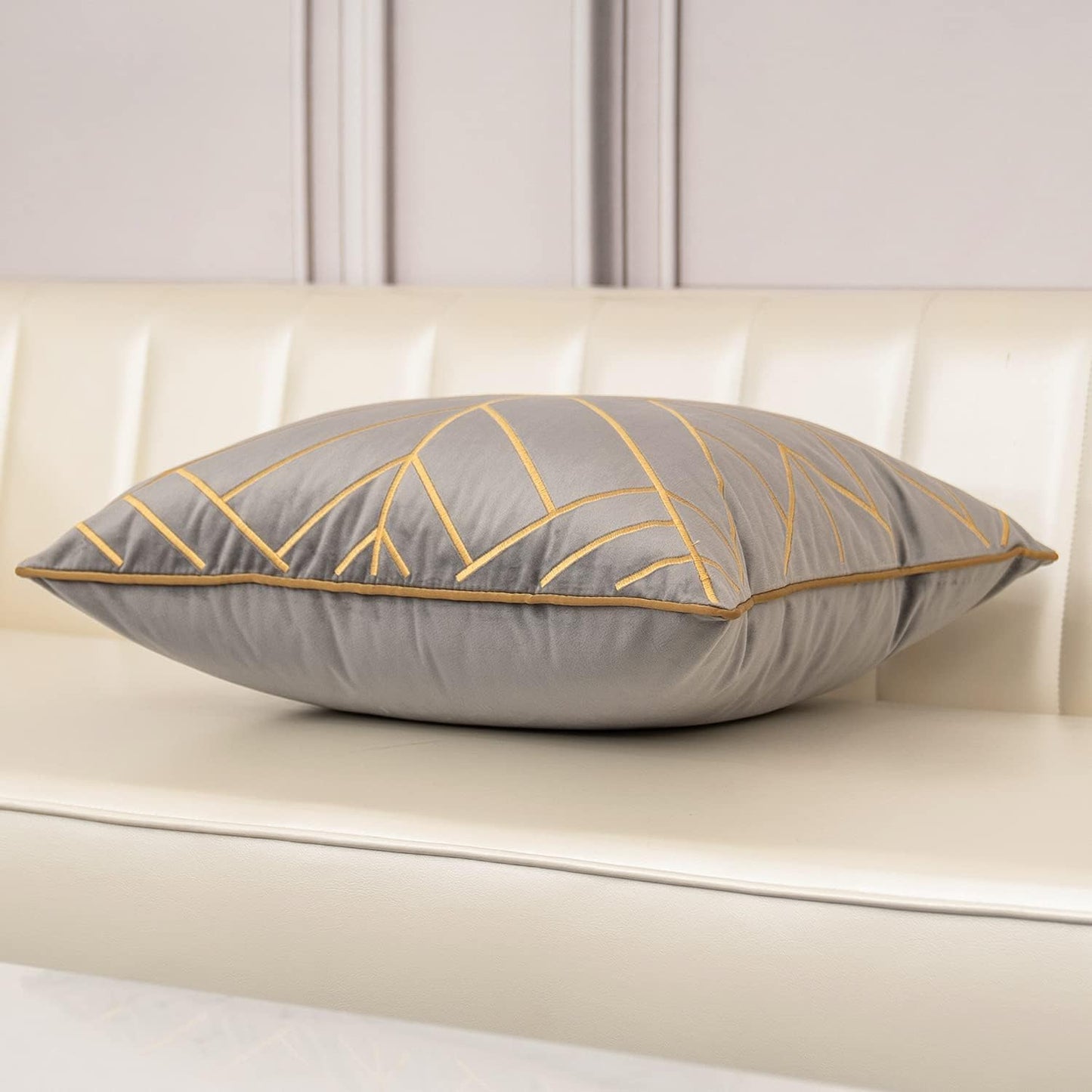 Grey Velvet Pillow W/Gold Accent Design-Set of 2