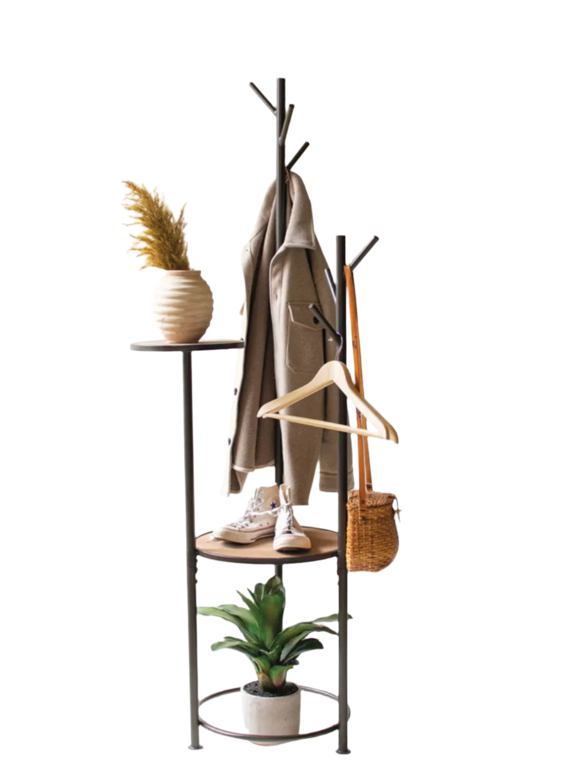 Metal and Wood Coat Rack with Round Shelves