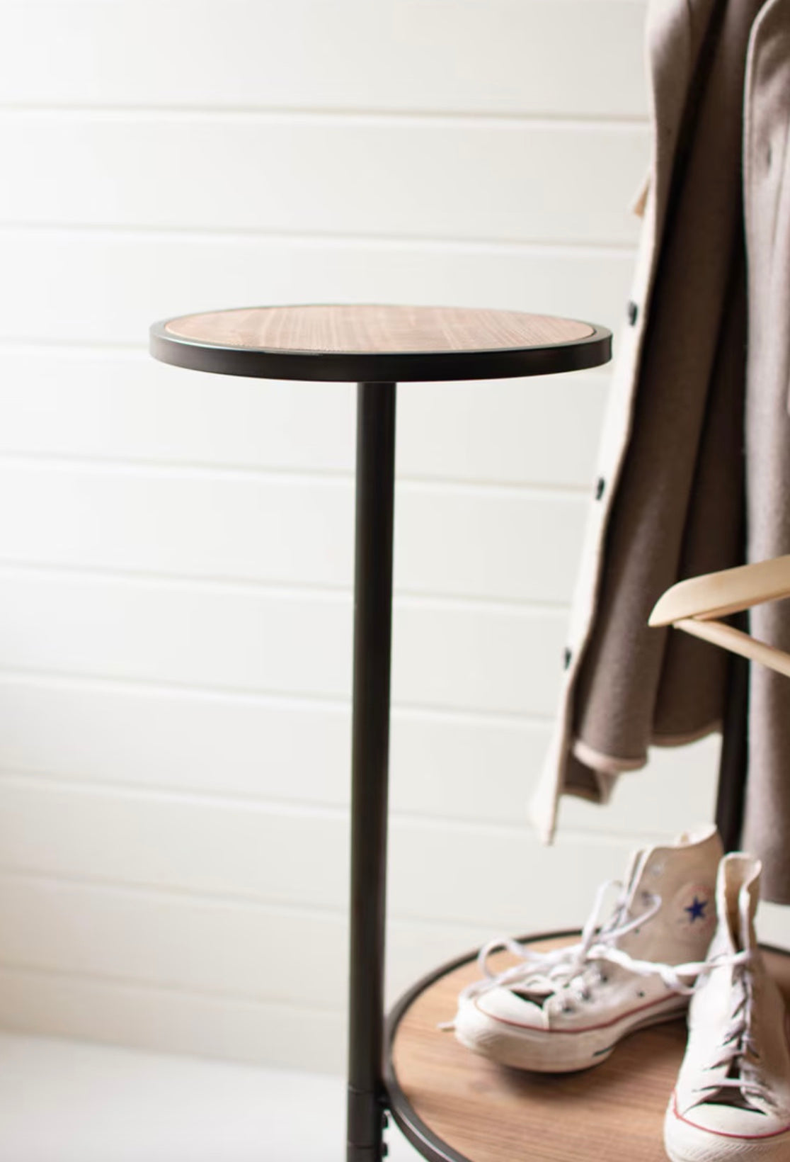 Metal and Wood Coat Rack with Round Shelves