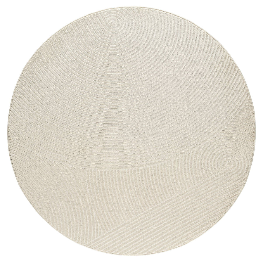Round beige rug with textured pattern on a white background