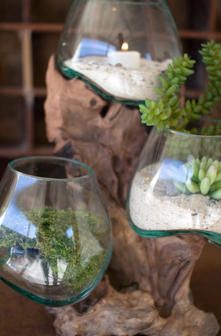 Three Blown Glass Bowls on a Driftwood Base