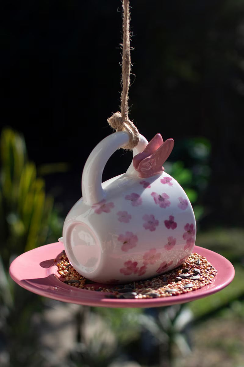 Ceramic Pink Tea Cup & Saucer Bird Feeder