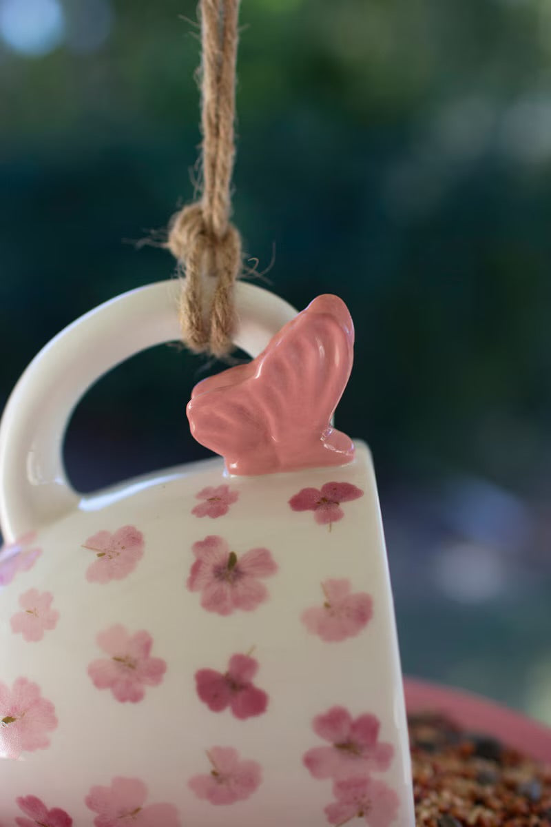 Ceramic Pink Tea Cup & Saucer Bird Feeder