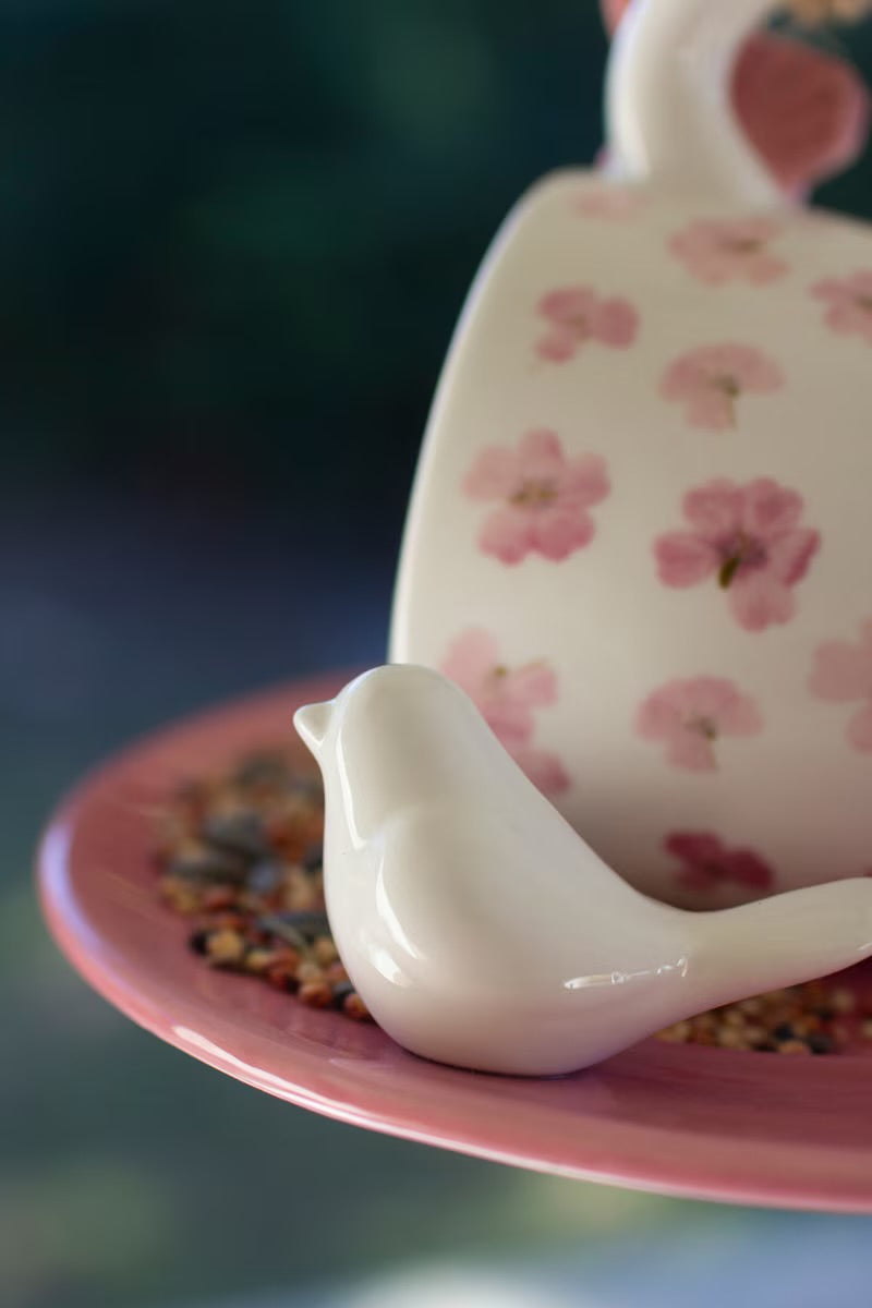 Ceramic Pink Tea Cup & Saucer Bird Feeder