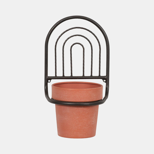 Metal, 11"h Wall Planter, Black/terracotta