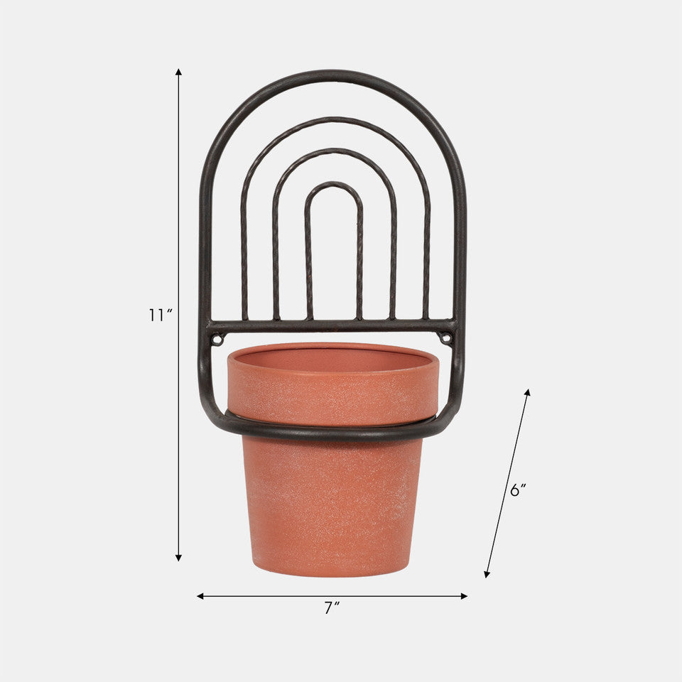 Metal, 11"h Wall Planter, Black/terracotta