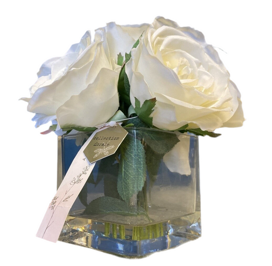 Faux White Roses in Glass Vase- Open Box-