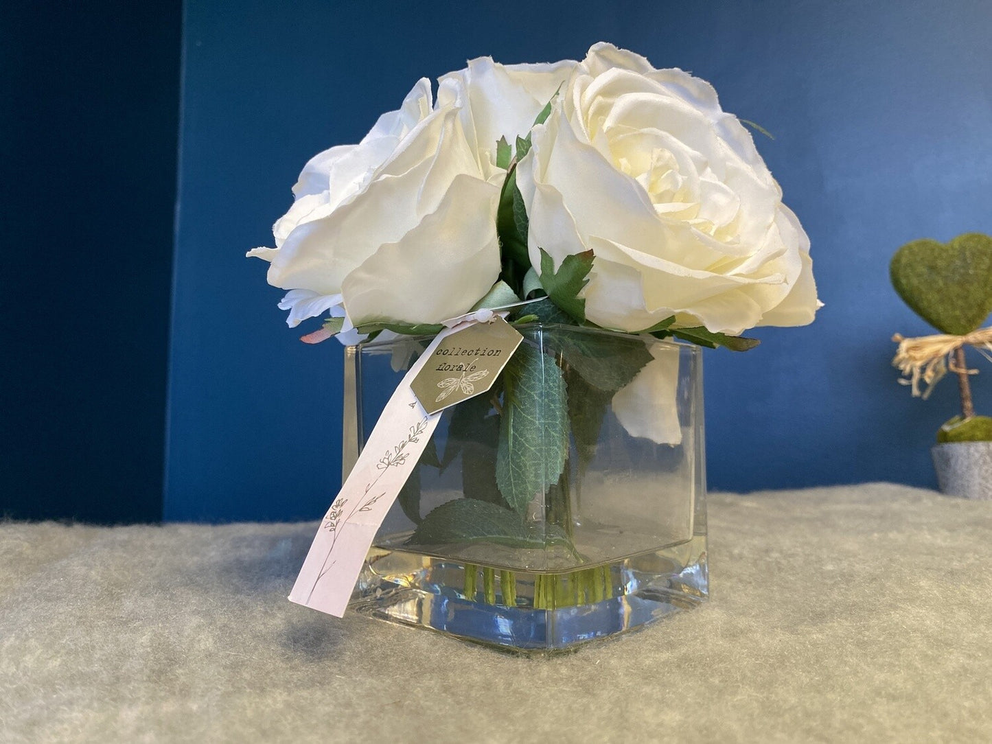 Faux White Roses in Glass Vase- Open Box-