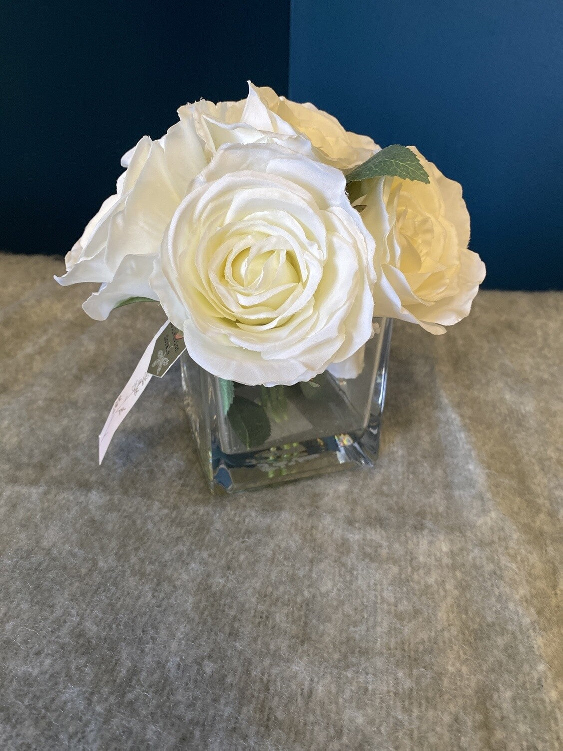 Faux White Roses in Glass Vase- Open Box-