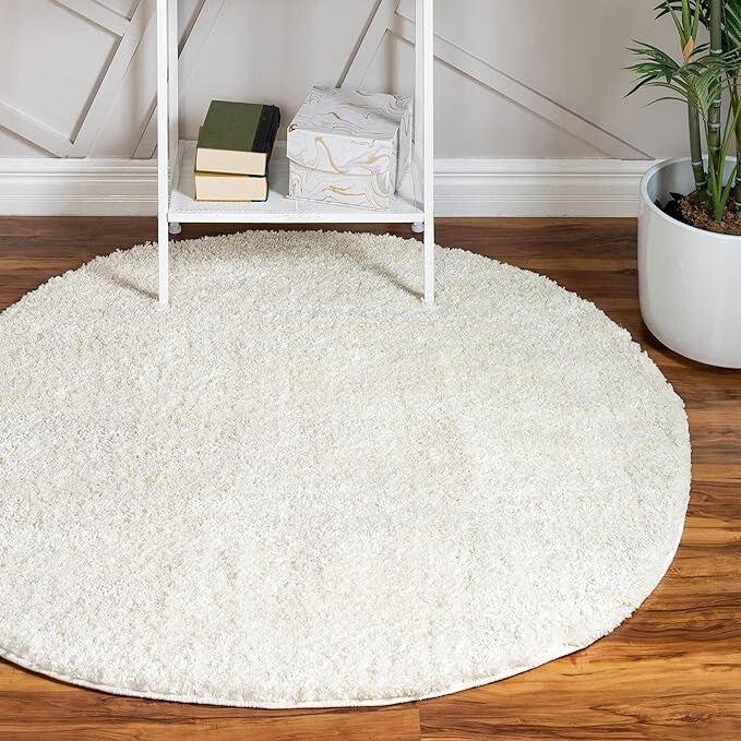 Soft Solid Shag Collection Round Rug – Round White Shag Rug (5x5)-OPEN BOX