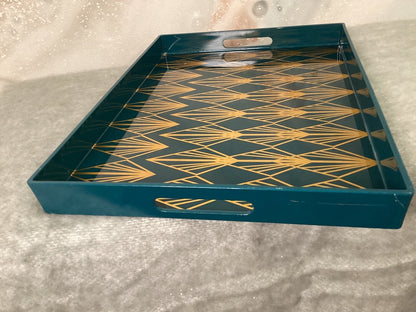 Decorative Contemporary Teal Gold Tray (19”x14”)- LOCAL PICK UP ONLY