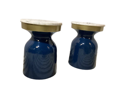 Set of 2 Blue metal side table with faux marble top - Local pickup