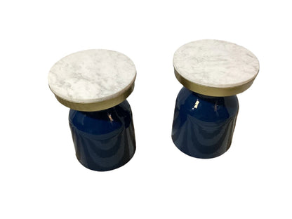 Set of 2 Blue metal side table with faux marble top - Local pickup