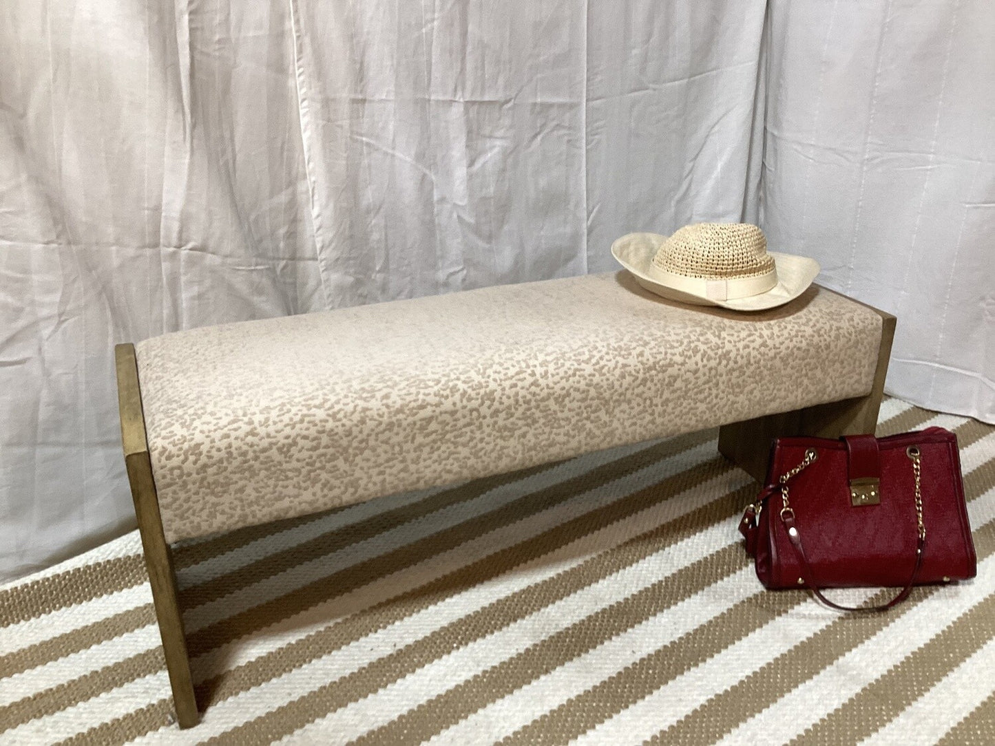 Entry bench, tan with wood frame- Local Pick Up Only