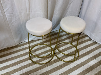 White velvet bar stool with gold metal legs. SET OF 2- LOCAL PICK UP ONLY