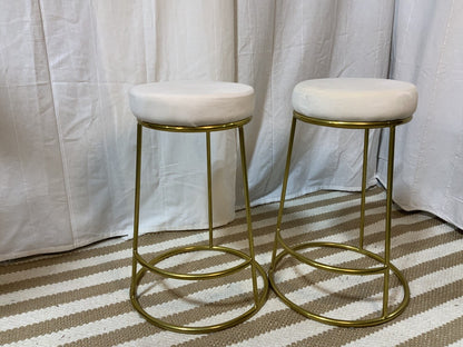 White velvet bar stool with gold metal legs. SET OF 2- LOCAL PICK UP ONLY