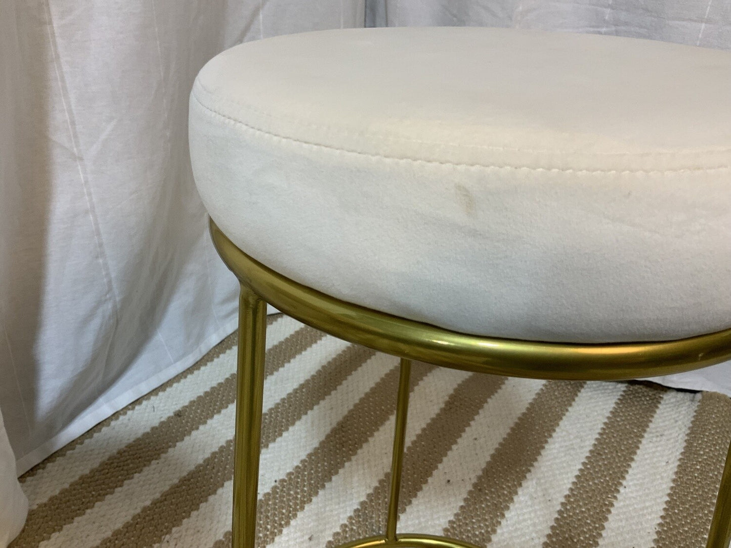 White velvet bar stool with gold metal legs. SET OF 2- LOCAL PICK UP ONLY