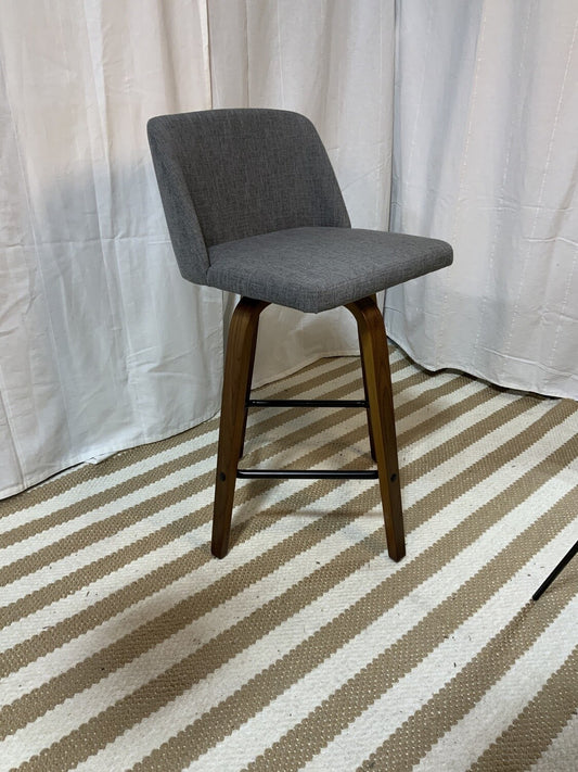 Gray linen barstool with walnut stained wood legs- Local Pick Up Only