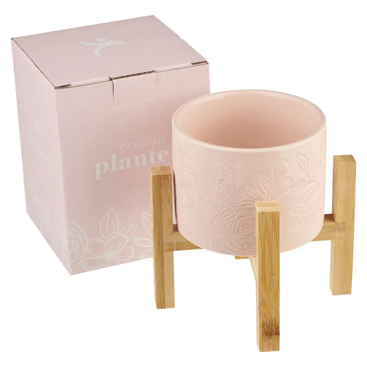 Planter W/Wood Stand Pink Floral Phil. 1:6