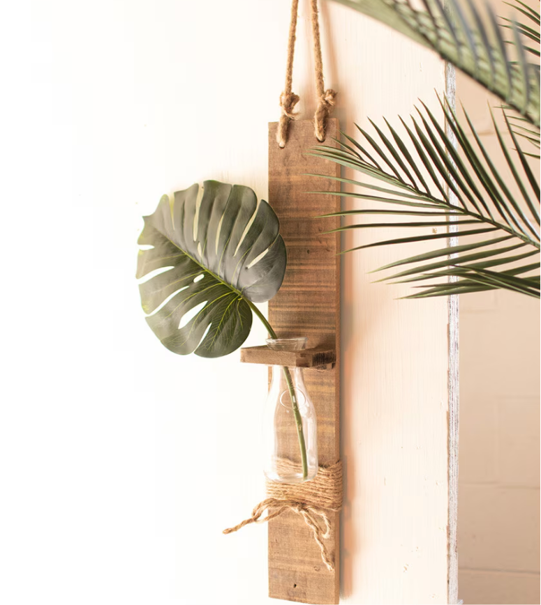 Glass Bottle Bud Vase on Recycled Wood with Rope Hanger