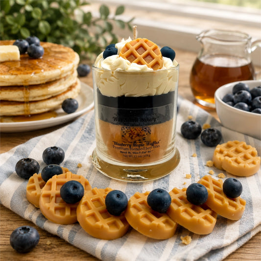 A glass jar candle styled with whipped cream, blueberries, and waffle-shaped decorations, surrounded by pancakes, syrup, a pitcher of amber liquid, and a bowl of blueberries on a striped cloth.