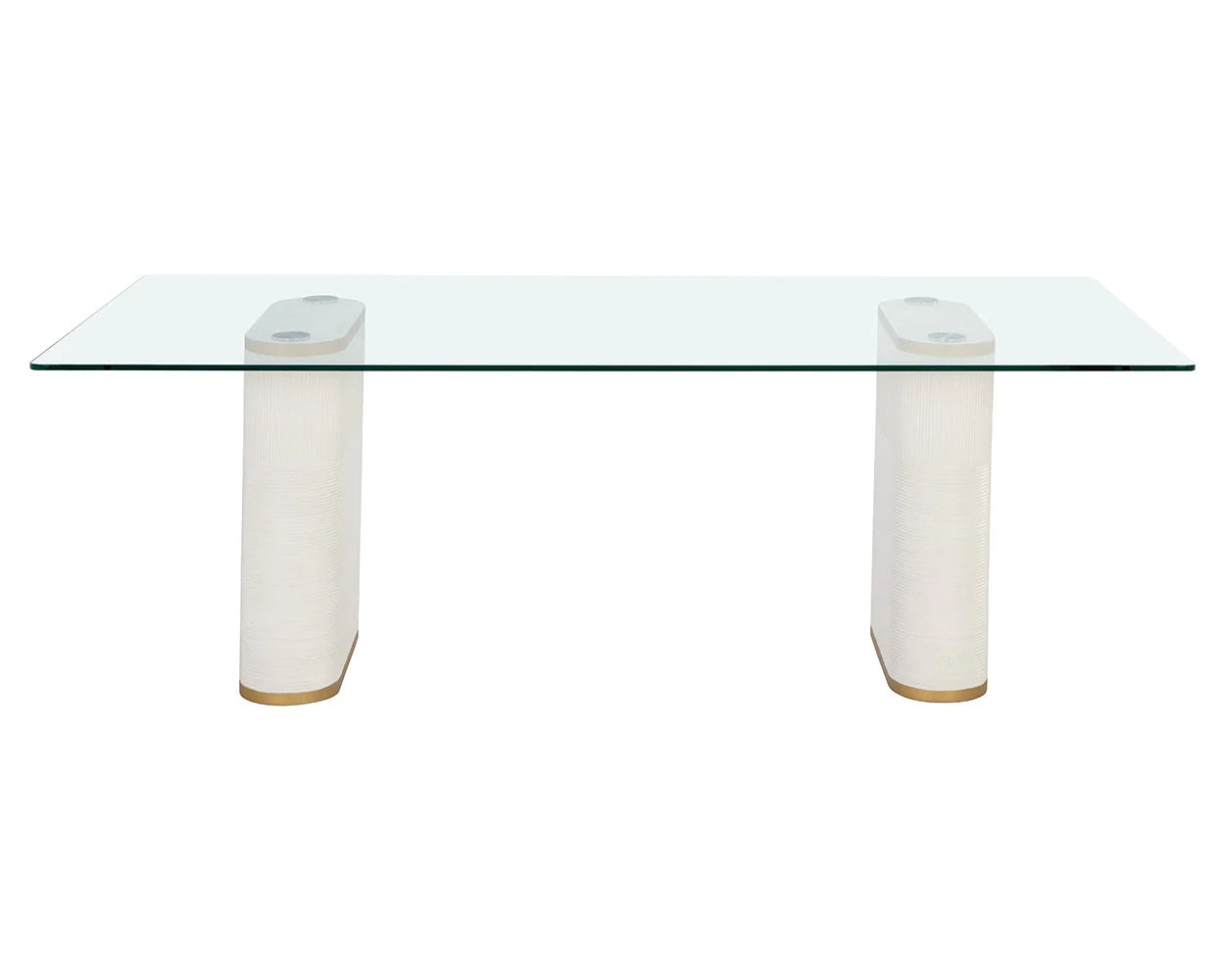 Aemond Dining Table, a rectangular clear glass tabletop that sits on two white concrete legs