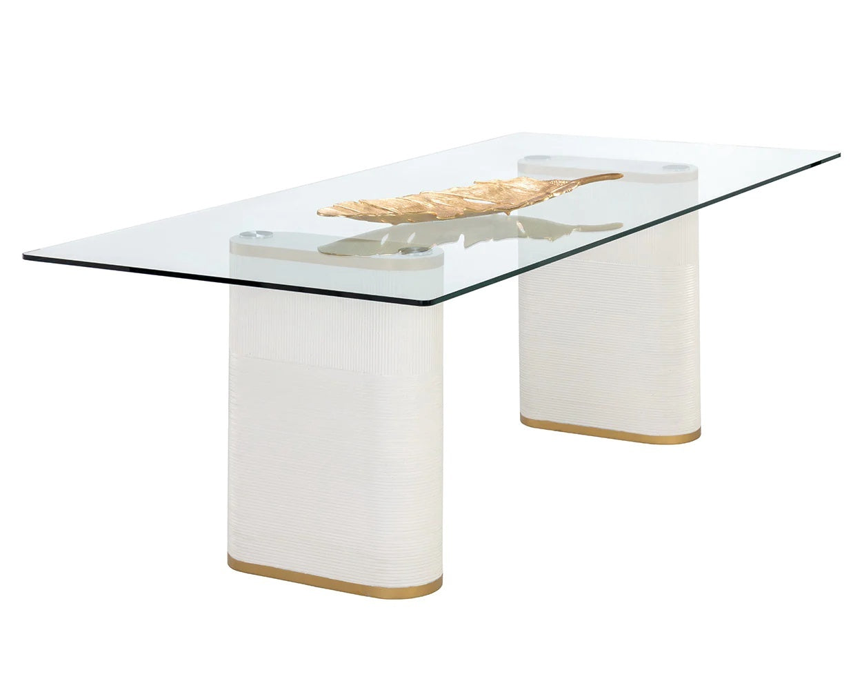 Aemond Dining Table, a rectangular clear glass tabletop that sits on two white concrete legs