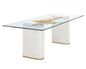 Aemond Dining Table, a rectangular clear glass tabletop that sits on two white concrete legs