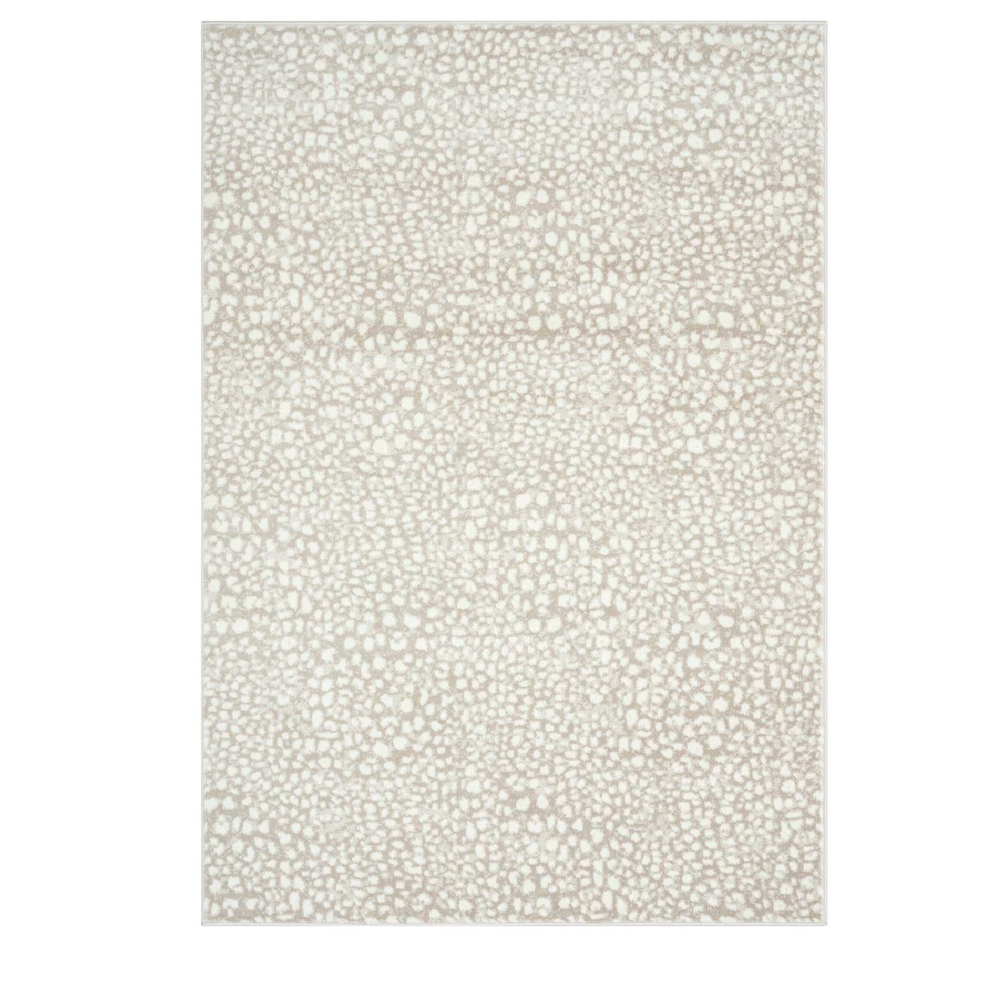 A rectangular area rug with a light beige and off-white abstract spotted pattern, shown flat against a white background.