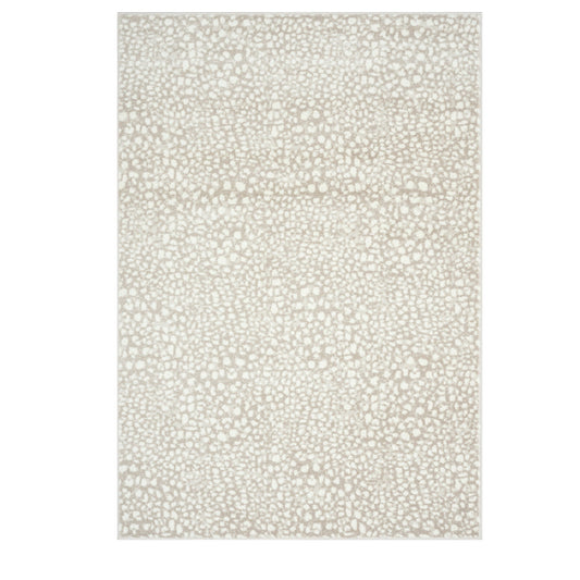 A rectangular area rug with a light beige and off-white abstract spotted pattern, shown flat against a white background.