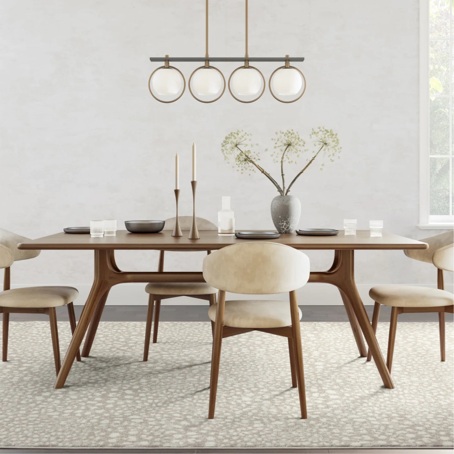 Animal Print Rug with a mid-century modern dining room set featuring a rectangular wooden dining table with tapered legs, surrounded by upholstered chairs. 