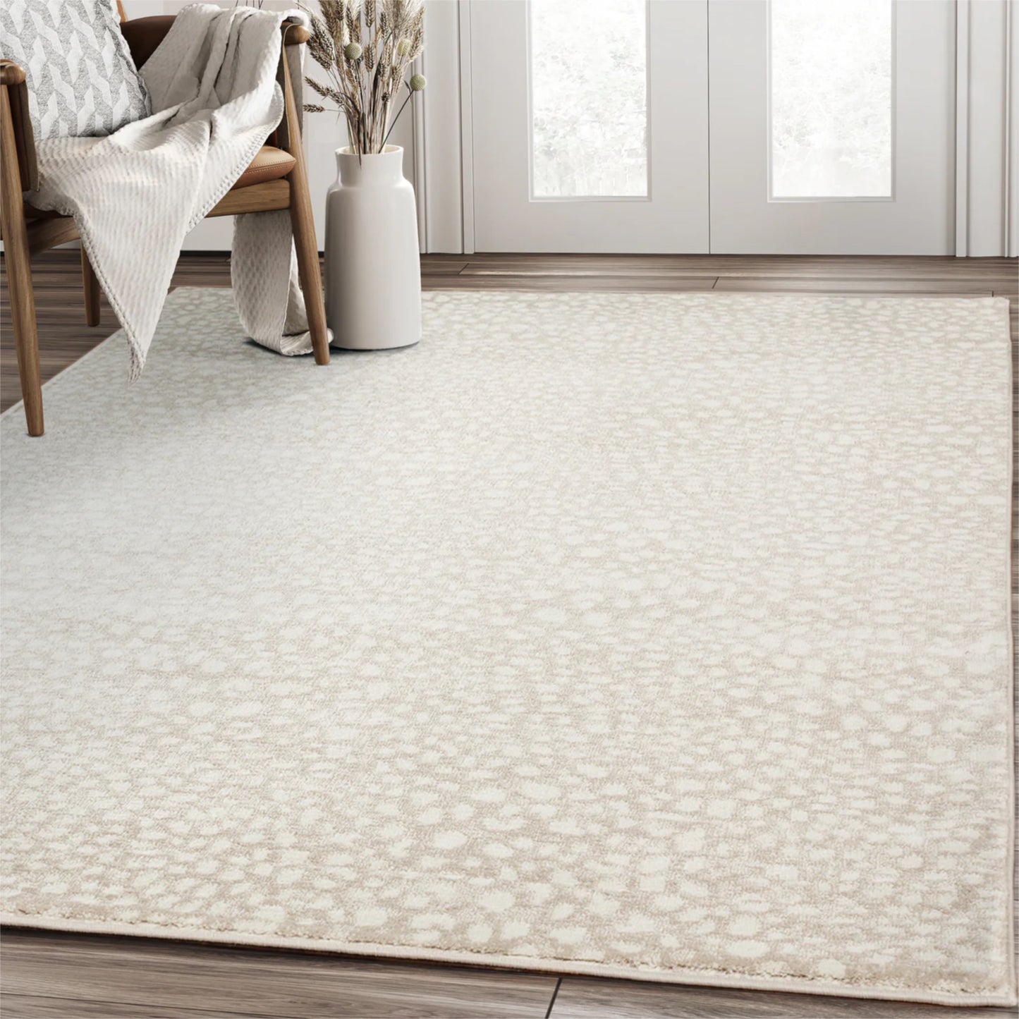 Animal Print area rug on a wooden floor with a chair and vase in the background.