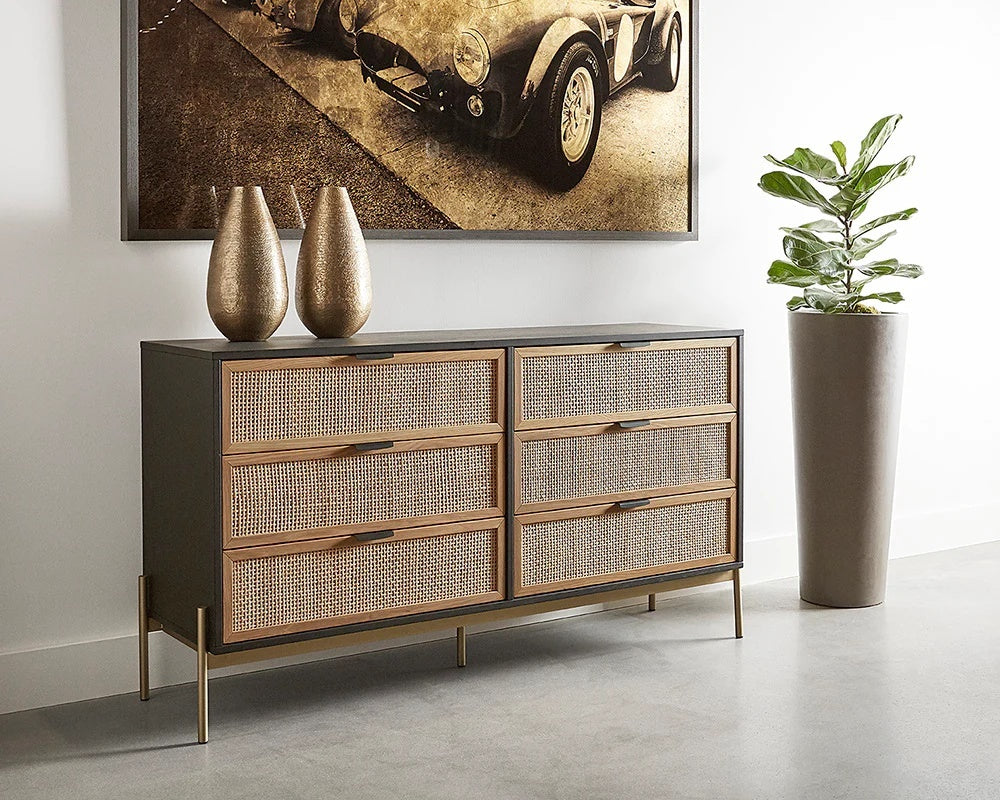 Avida Dresser made of black oak wood and rattan drawers