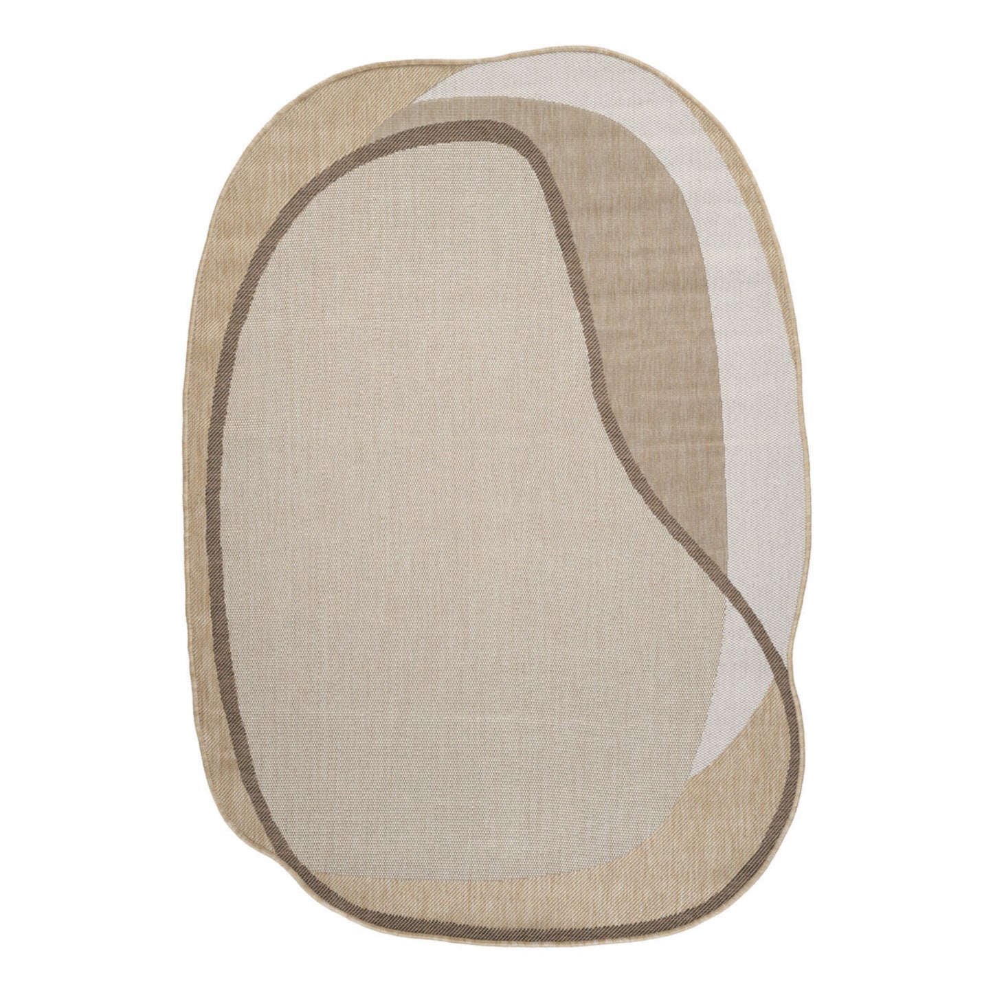 An abstract, organic-shaped area rug with a textured linen-like surface in shades of beige, tan, and light gray, outlined with a dark brown border.