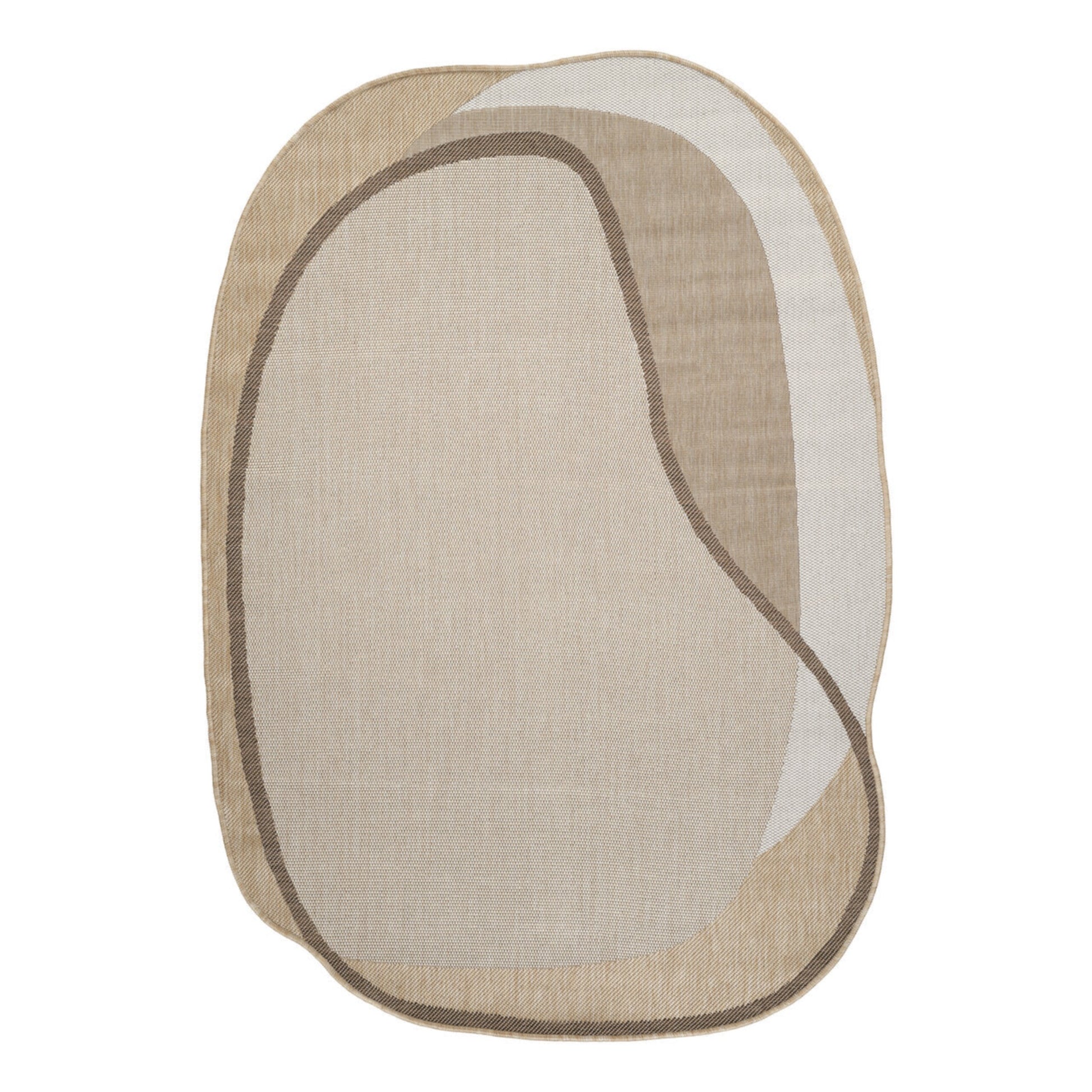 An abstract, organic-shaped area rug with a textured linen-like surface in shades of beige, tan, and light gray, outlined with a dark brown border.