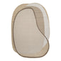 An abstract, organic-shaped area rug with a textured linen-like surface in shades of beige, tan, and light gray, outlined with a dark brown border.