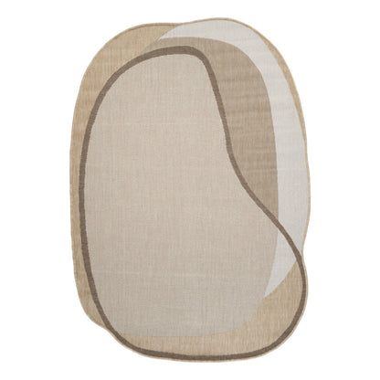 An abstract, organic-shaped area rug with a textured linen-like surface in shades of beige, tan, and light gray, outlined with a dark brown border.
