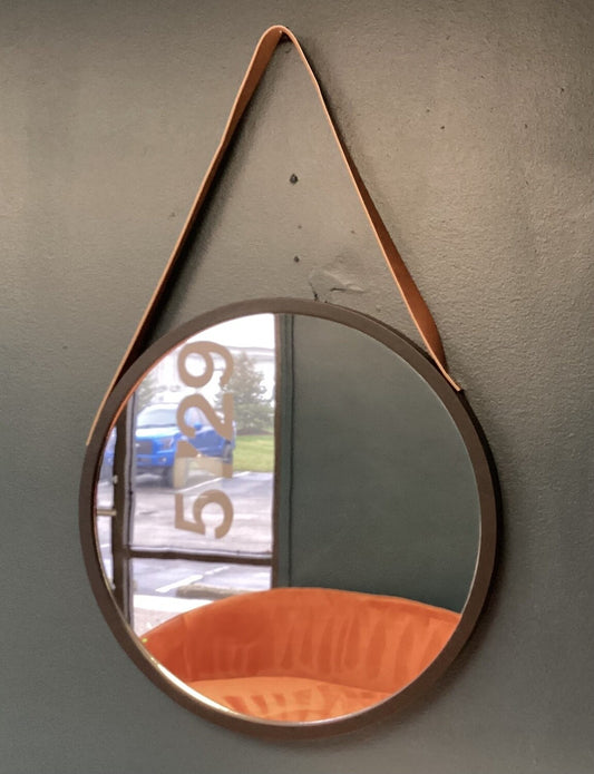 Black Round Mirror With Leather Straps (19”)