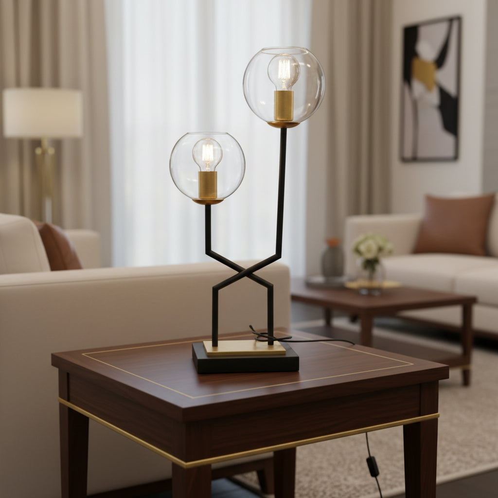 Table lamp with two glass globes on a staged background