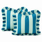 Two square decorative throw pillows with ruffled trim, featuring vertical stripes in blue and light blue, shown on a white background.