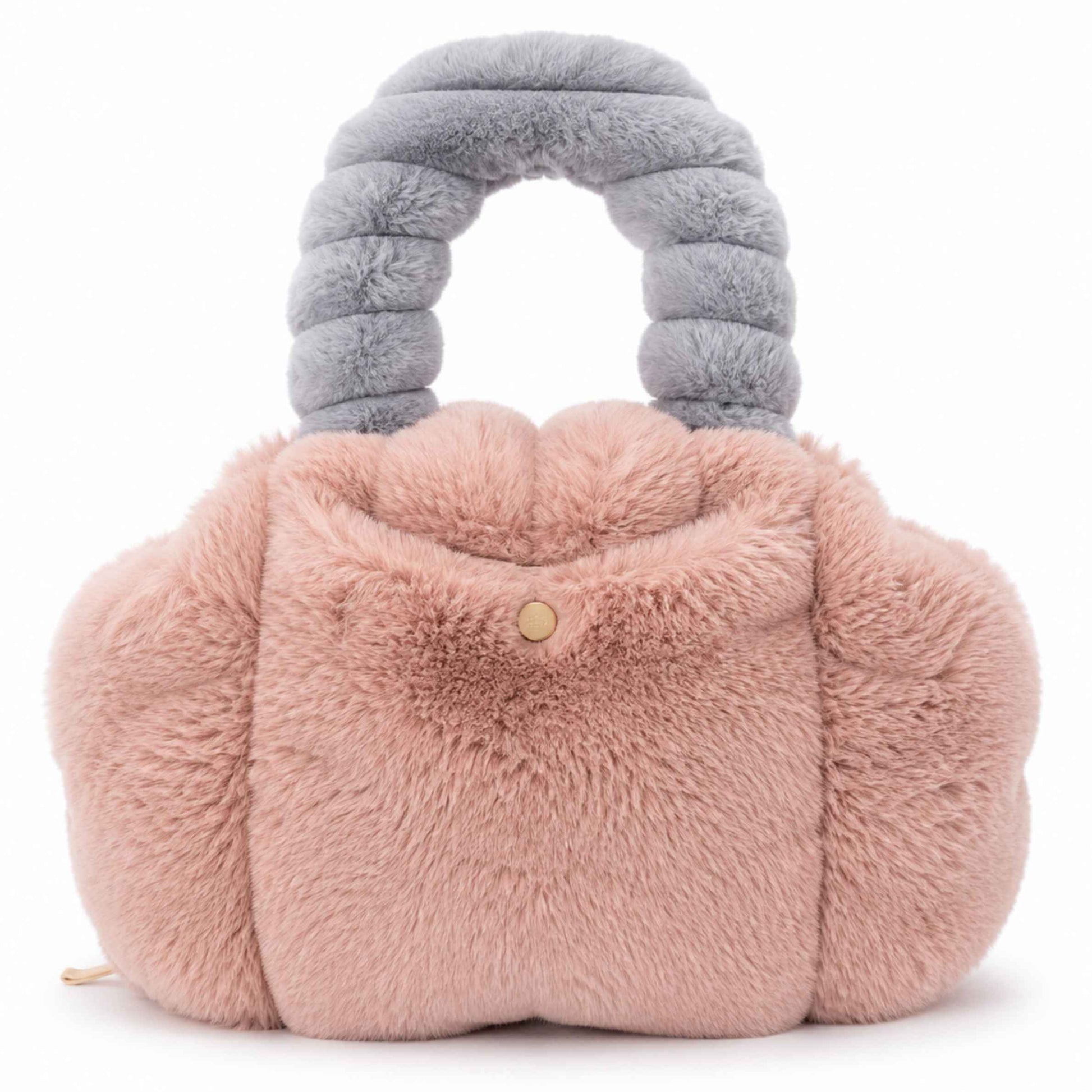 A plush, cloud-shaped Pur-Low in dusty pink faux fur with a matching gray ribbed handle and a small gold button closure on the front, set against a plain white background.