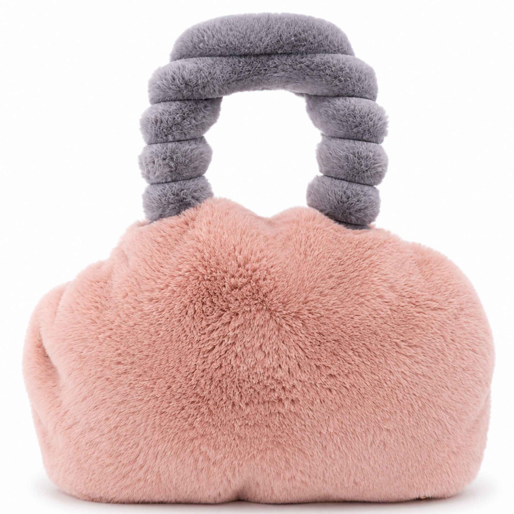 A plush, cloud-shaped Pur-Low in dusty pink with a thick, ribbed gray top handle, shown against a plain white background.