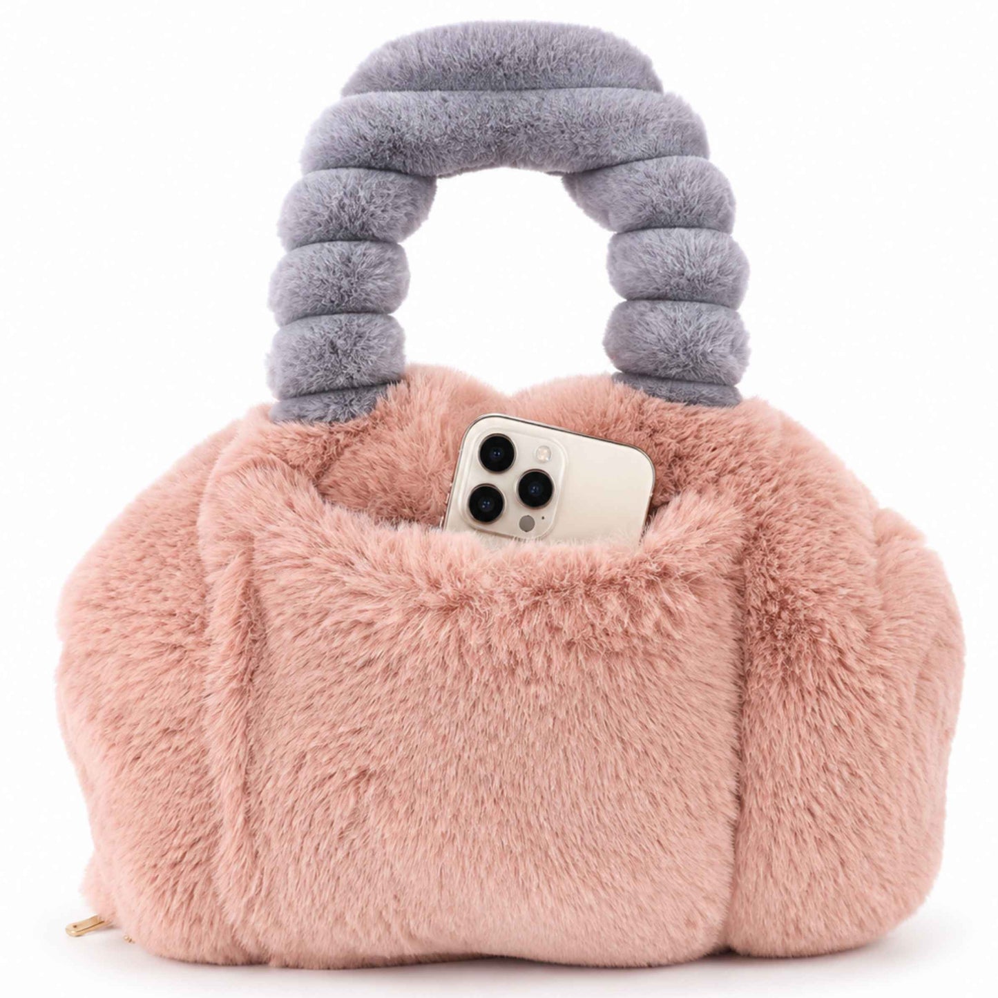 A pink faux fur Pur-Low with a thick, ribbed gray handle, shown with a white smartphone tucked into its front pocket against a white background.