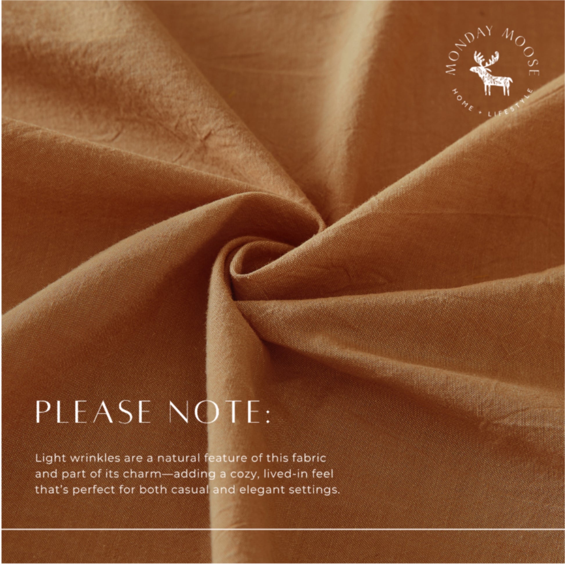 Brown fabric with a 'Monday Moose' logo and text about fabric texture.