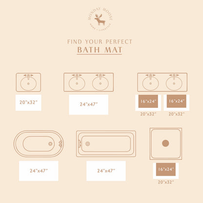 Chart for finding the perfect bath mat size with measurements on a beige background